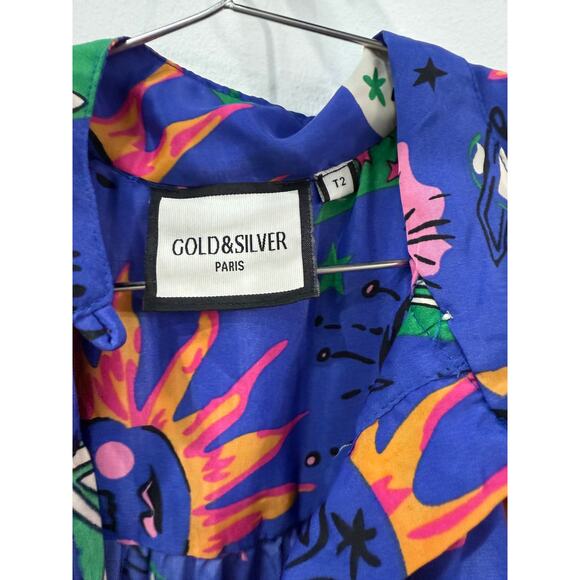 Gold & Silver Paris Sleeveless Waist Strap Mini Dress Blue Printed Size 2 - Picture 3 of 3